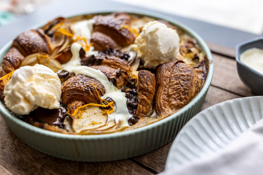 Pear and Dark Chocolate Croissant Pudding